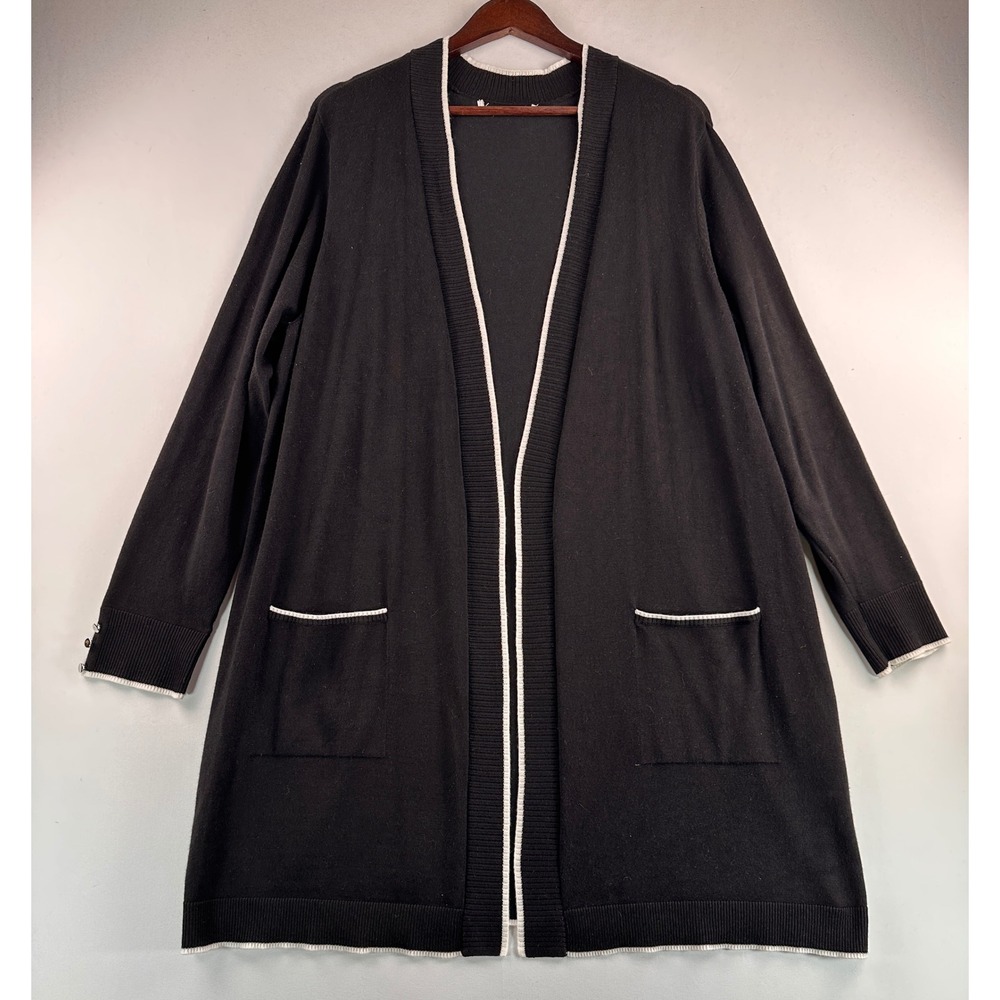 Black Open Front Long Cardigan Duster Sweater White Trim Button Cuff L/XL